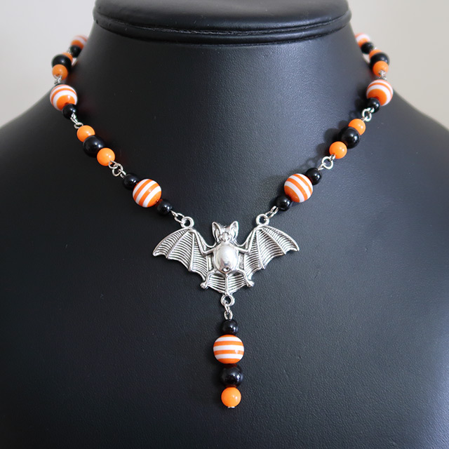 Halloween Striped Bat Necklace & Earrings Set (Orange/Orange)