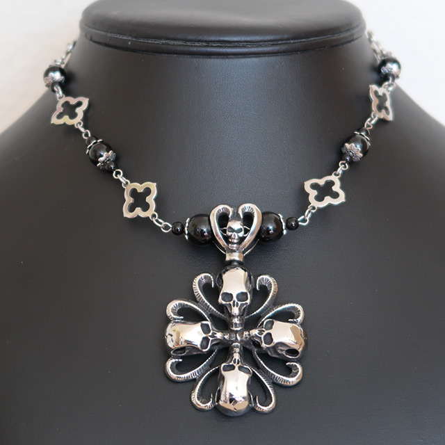 Four Skull Cross Necklace & Earrings Set (Black Onyx)