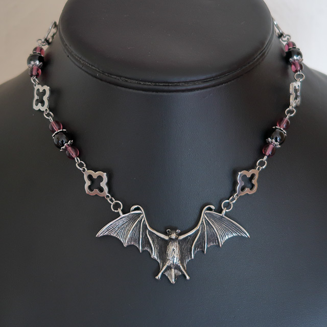 Bat Necklace & Earrings Set (Black Onyx, Purple Glass)