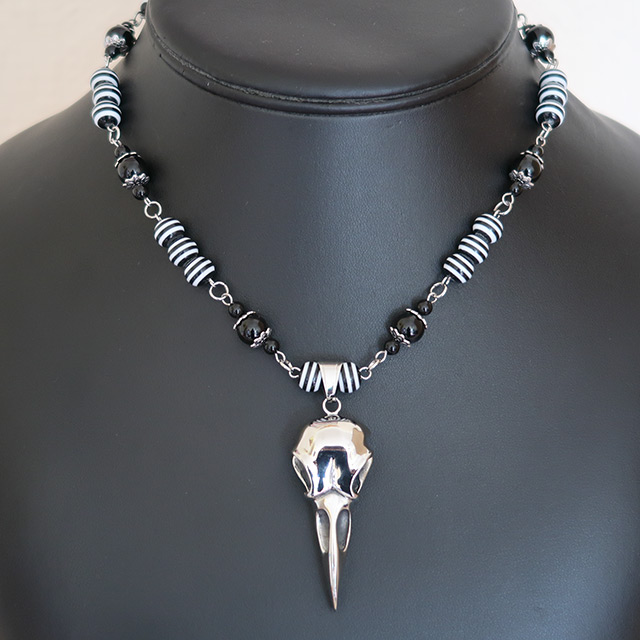 Bird/Raven Skull Necklace & Earrings Set (Black Onyx, Striped Resin)