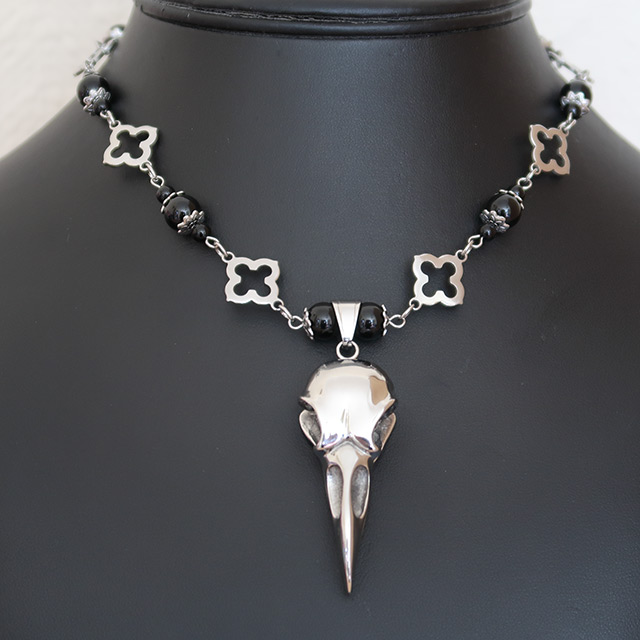 Bird/Raven Skull Necklace & Earrings Set (Black Onyx)